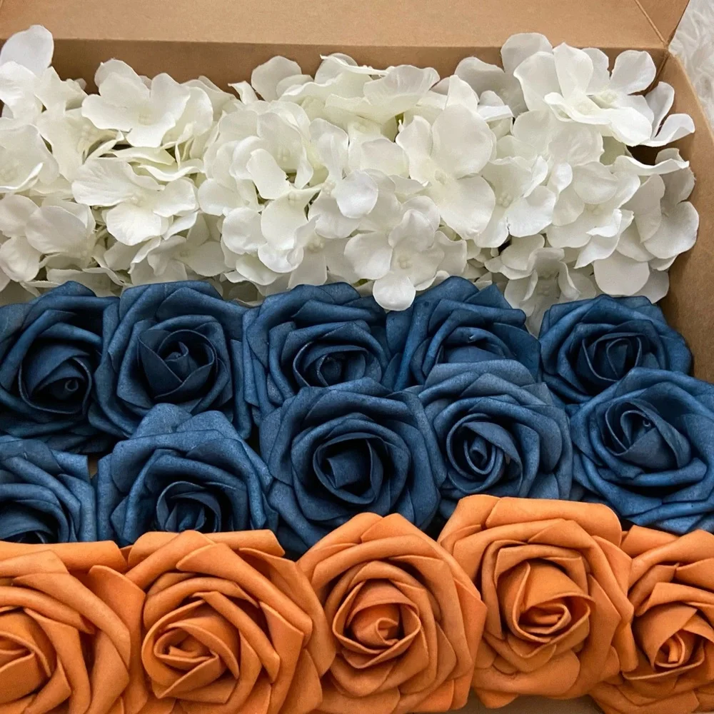 20 Count | Dusty Blue Burnt Orange Roses White Hydrangeas Bouquet Centerpieces